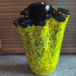 Murano Style Art Ruffled Rim Yellow Confetti Glass Vase